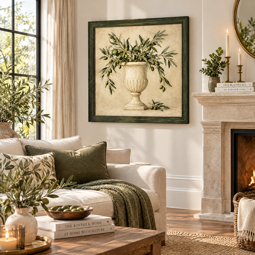 vynqelux Framed Olive Branch Still Life — styled in a room