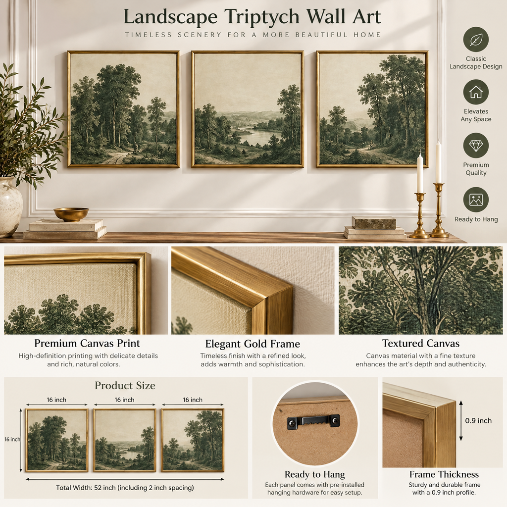 vynqelux Framed Green Landscape Prints, Set of 3 — details and specifications