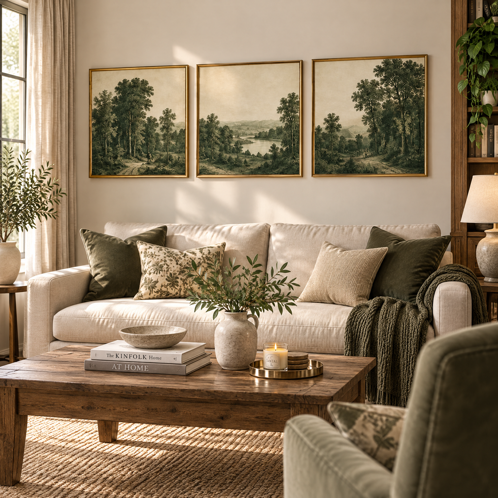 vynqelux Framed Green Landscape Prints, Set of 3 — styled in a room