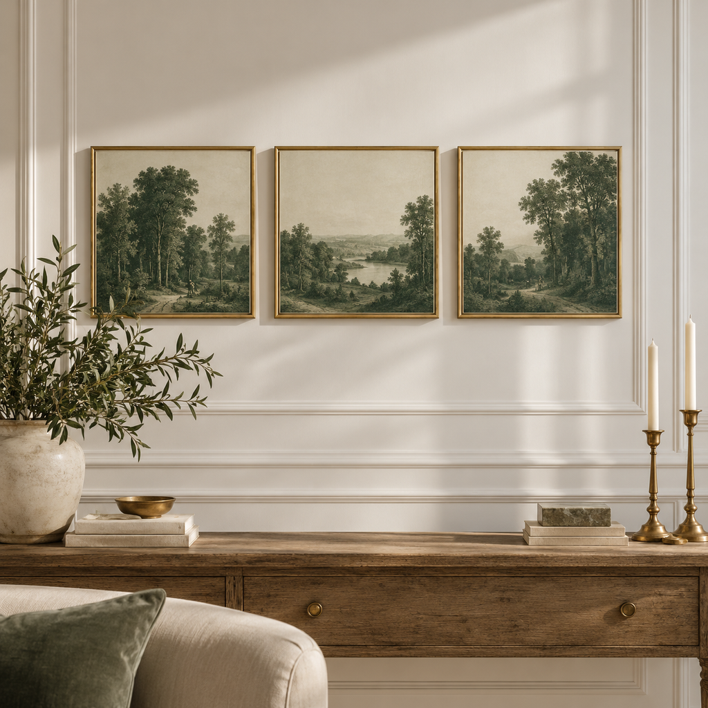vynqelux Framed Green Landscape Prints, Set of 3 — main room scene