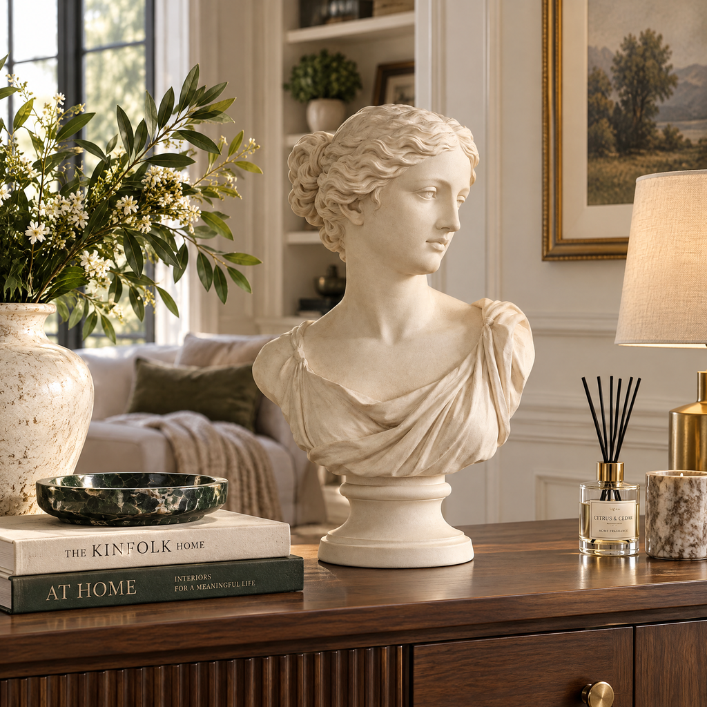 vynqelux Ivory Classical Woman Bust — styled in a room
