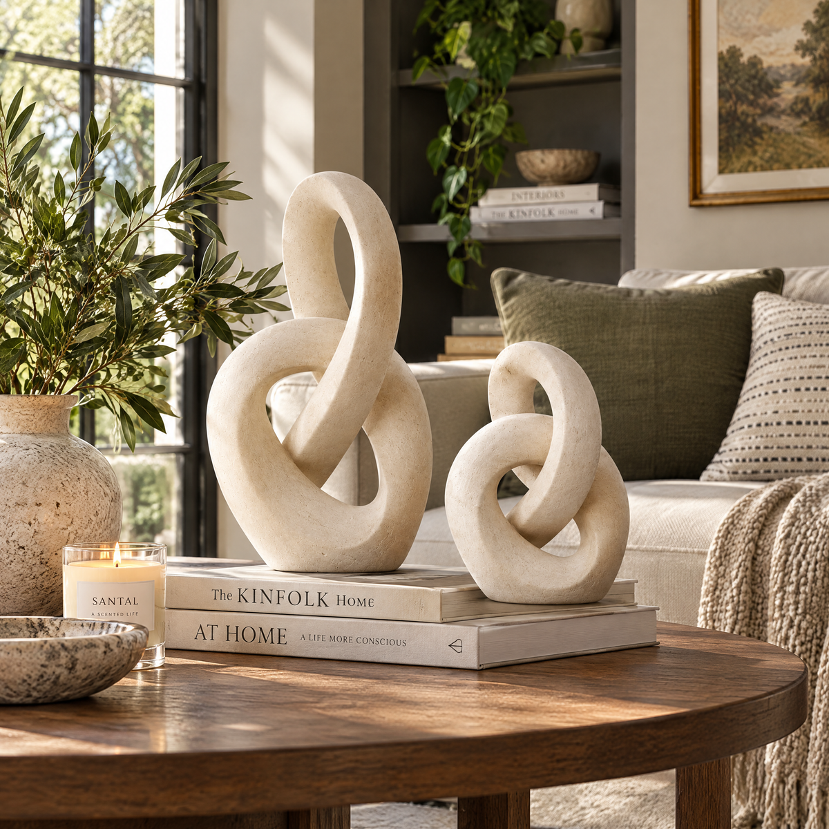 vynqelux Ivory Abstract Loop Sculptures, Set of 2 — styled in a room