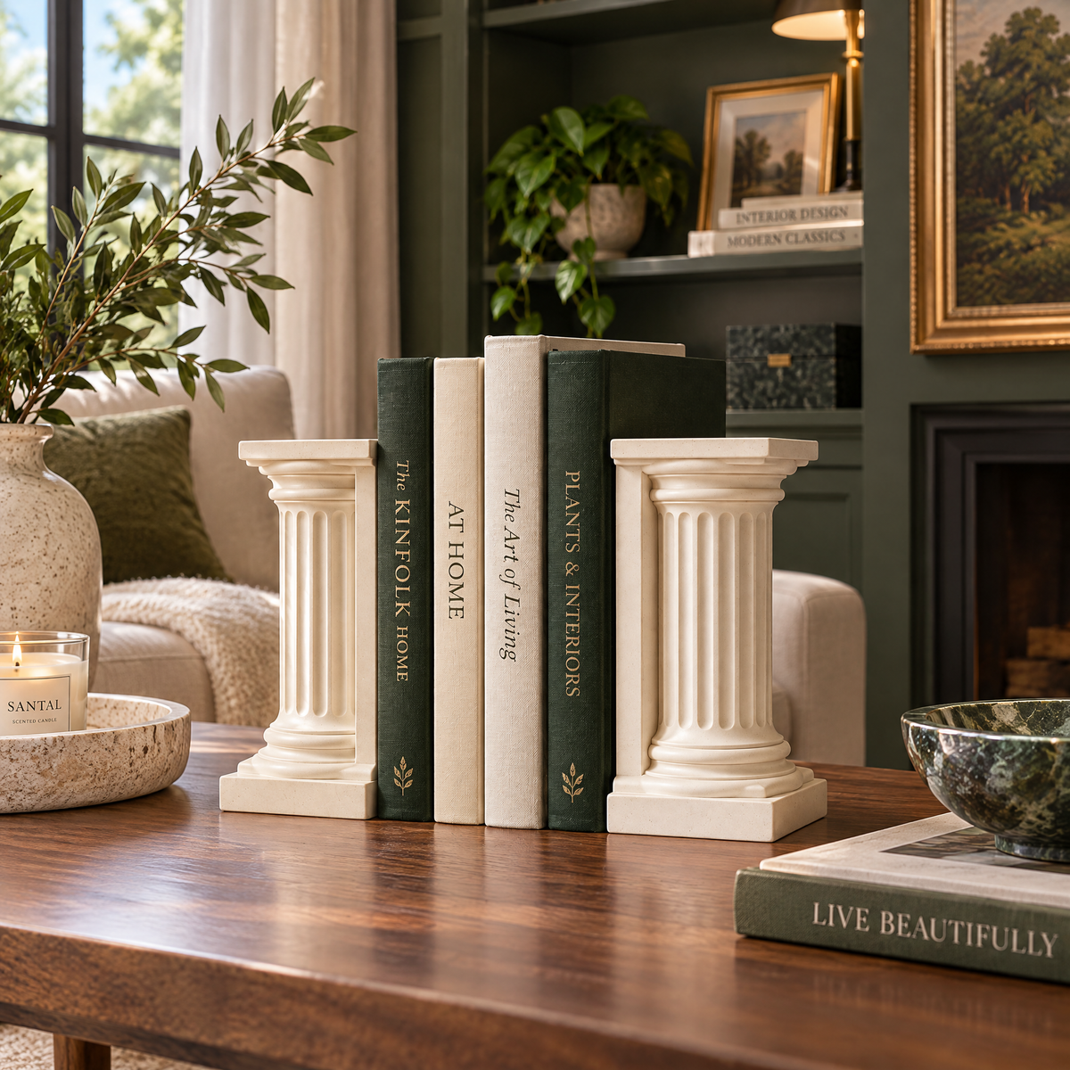 vynqelux Ivory Classical Column Bookends, Pair — styled in a room