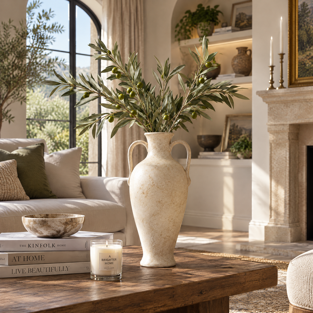 vynqelux Ivory Double-Handle Decorative Vase — styled in a room