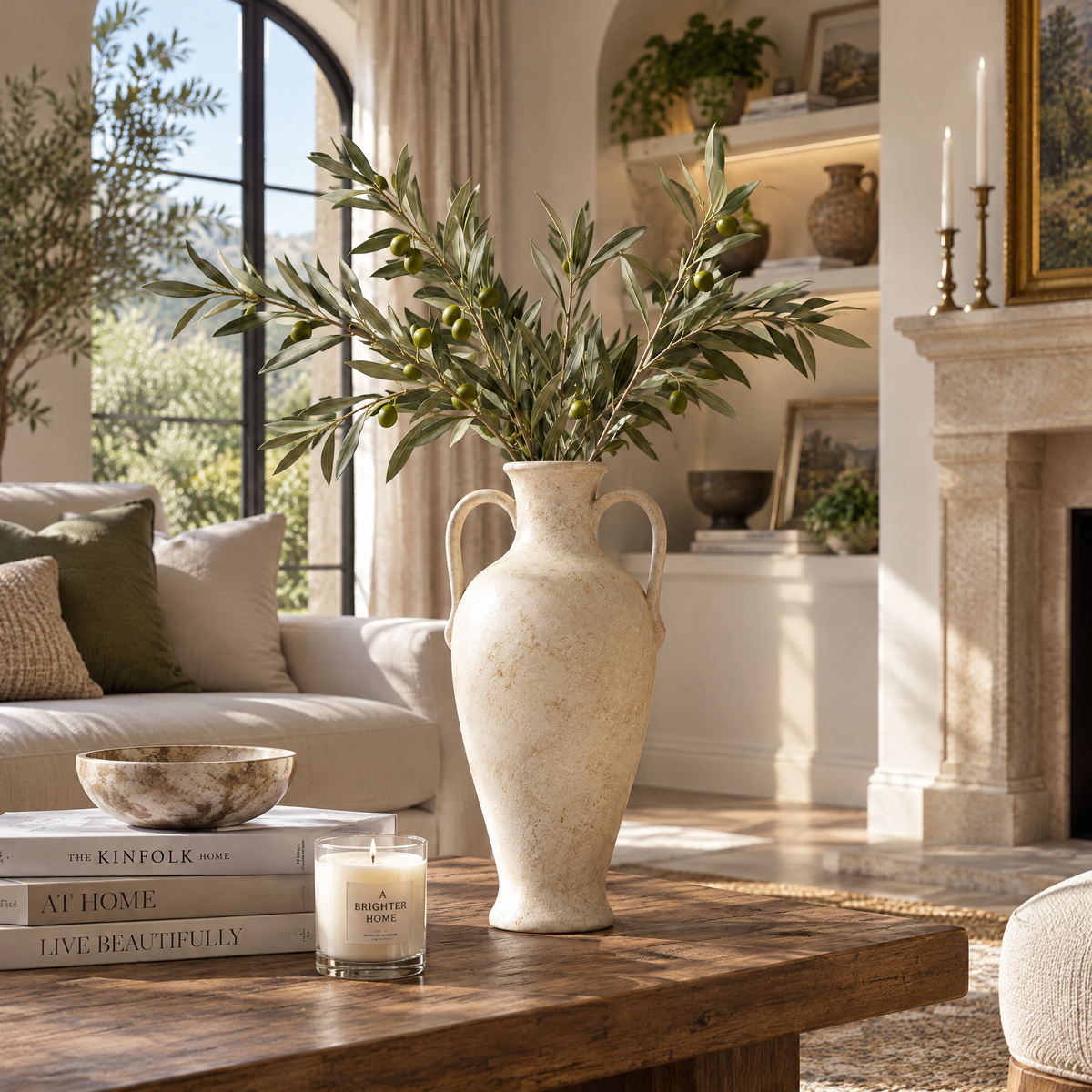 vynqelux Ivory Double-Handle Decorative Vase — styled in a room