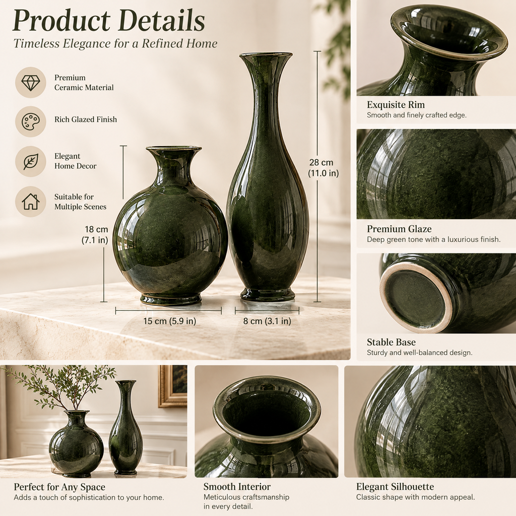 vynqelux Forest Green Decorative Vases, Set of 2 — details and specifications