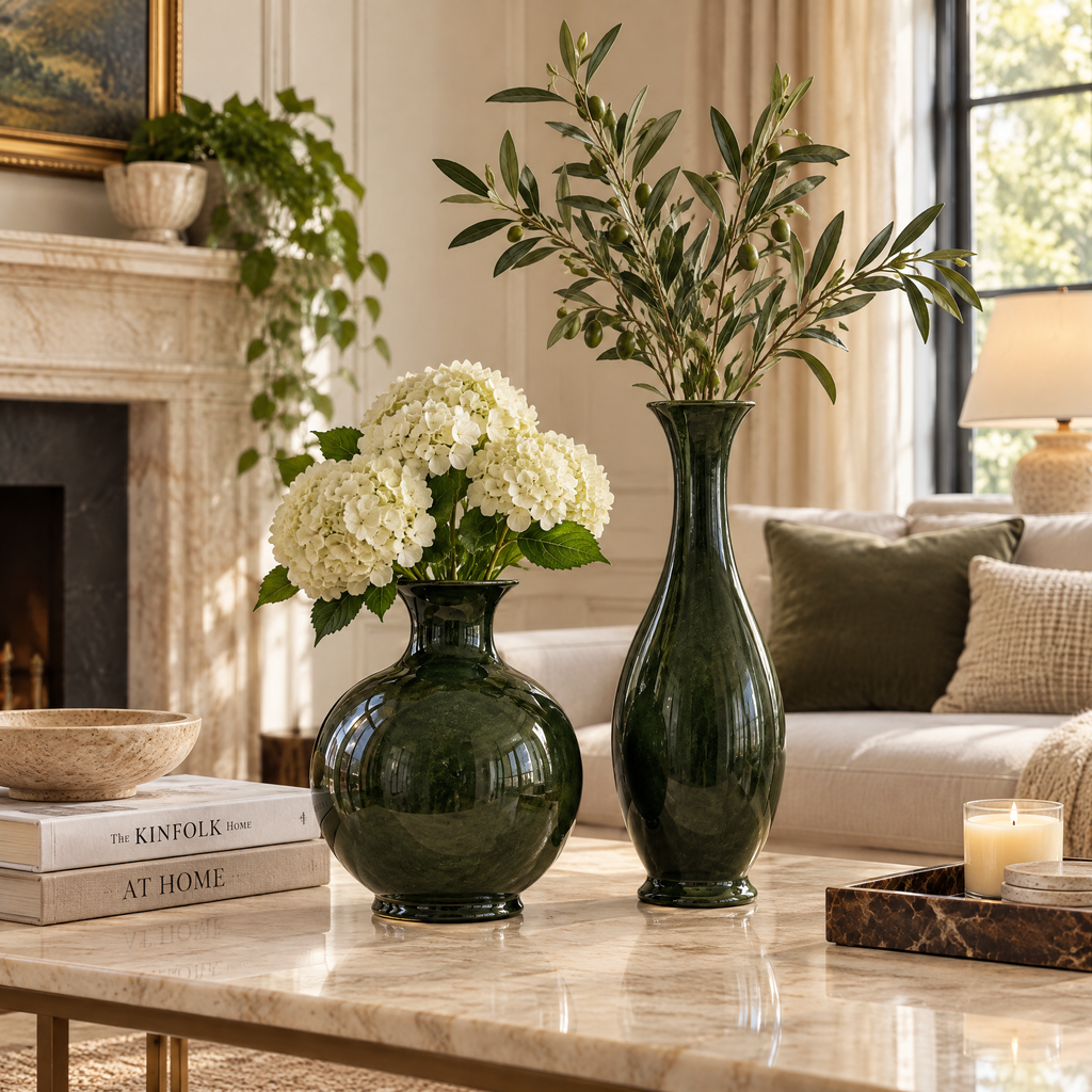 vynqelux Forest Green Decorative Vases, Set of 2 — styled in a room