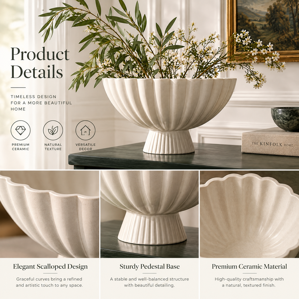 vynqelux Ivory Fluted Pedestal Centerpiece — details and specifications