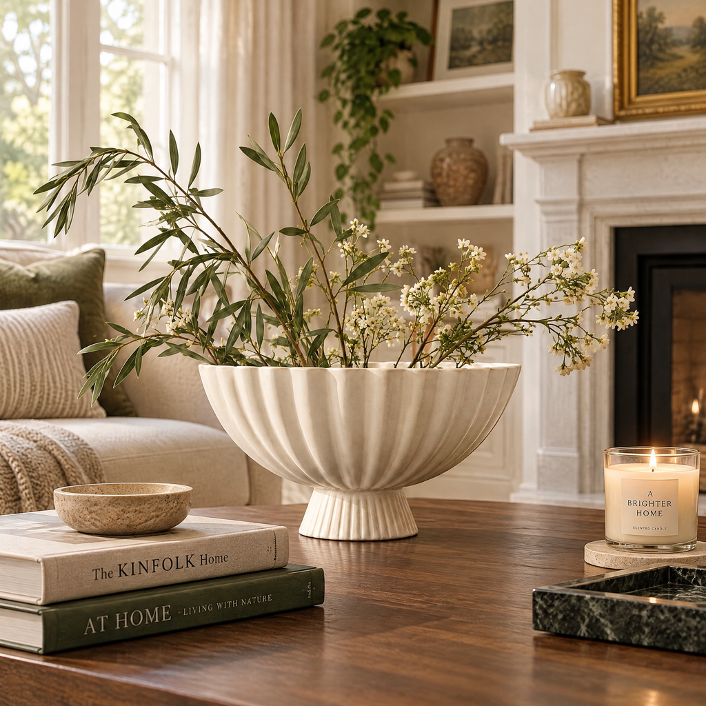 vynqelux Ivory Fluted Pedestal Centerpiece — styled in a room