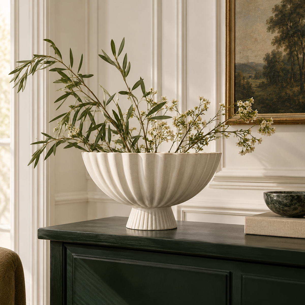 vynqelux Ivory Fluted Pedestal Centerpiece — main room scene